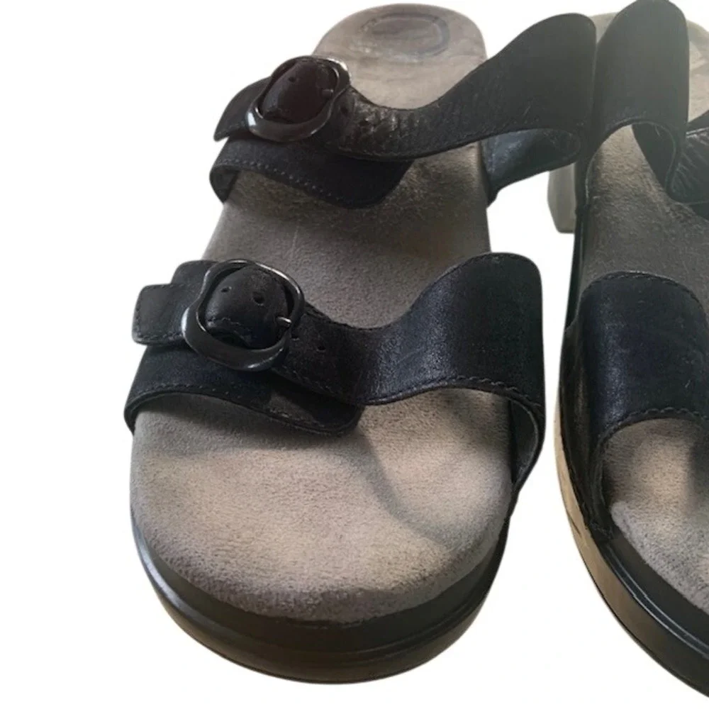 Dansko Leather Double Strap Comfort Slide Sandals Black Wedge EU 43 Clogs